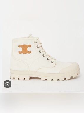 Celine Cream Canvas Lace-Up Boot with Tan Triomphe logo